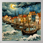 嵐の海の夜に魅惑的な漁師芸術 ポスター (正面)