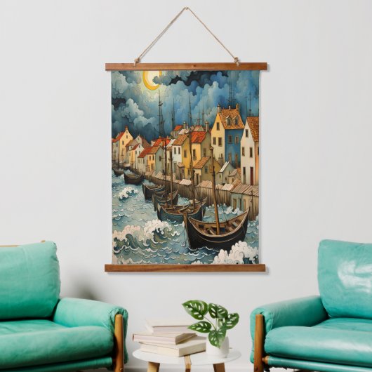 嵐の海の夜に魅惑的な漁師芸術 吊り下げ型タペストリー (リビング)