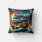 嵐の海を航行する歴史的な海賊船 クッション (正面)