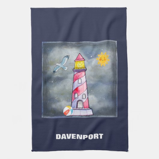 嵐の背景を持つレッドライトハウス キッチンタオル (縦)