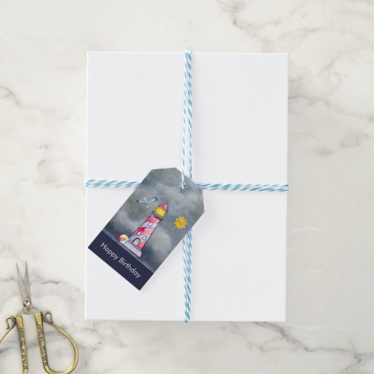 嵐の背景を持つレッドライトハウス ギフトタグ (より糸付き)