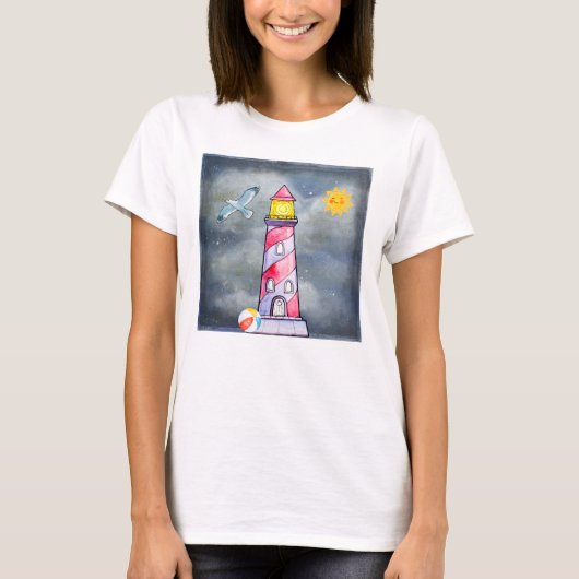 嵐の背景を持つレッドライトハウス Tシャツ (正面)