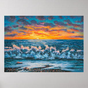 嵐の間の明るい夕日。油絵 ポスター