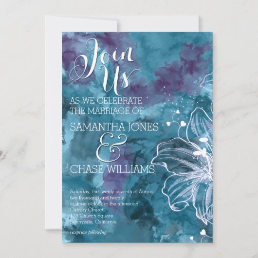 嵐の青い水色ハイビスカス結婚ズ 招待状 (正面)