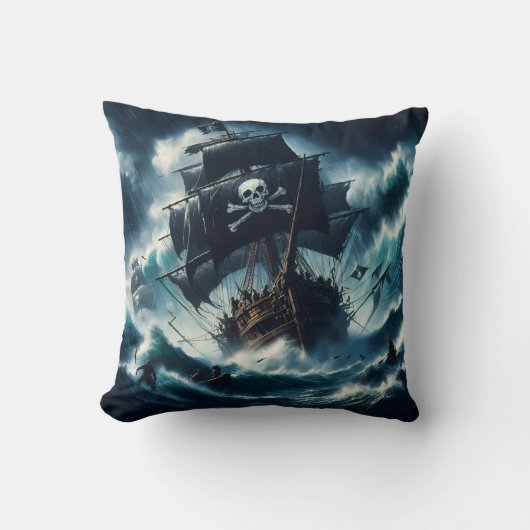 嵐威厳のある海と戦う海賊船 クッション (正面)