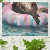 川お洒落に浮かぶカワウソとユニコーン キッチンタオル (折り畳み)