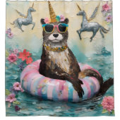 川お洒落に浮かぶカワウソとユニコーン シャワーカーテン (正面)