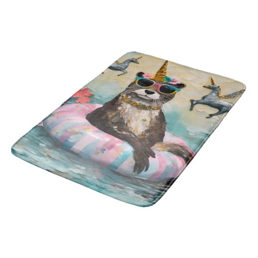川お洒落に浮かぶカワウソとユニコーン バスマット (アングル)
