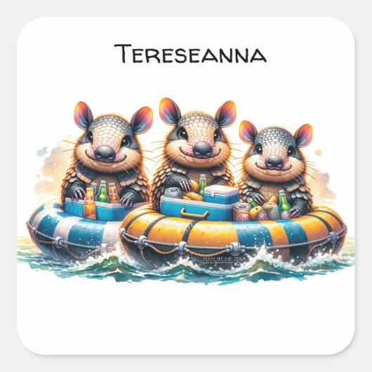 川でチュービングを行うかわいいおもしろいカルマディロス スクエアシール (正面)