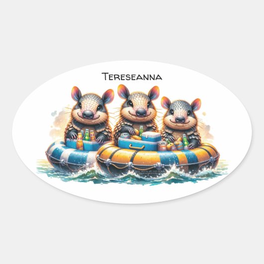 川でチュービングを行うかわいいおもしろいカルマディロス 楕円形シール (正面)