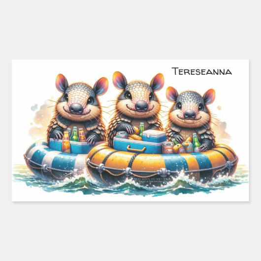 川でチュービングを行うかわいいおもしろいカルマディロス 長方形シール (正面)