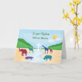 川で動物とバプテスマをパーソナライズした名前 カード (黄色い花)