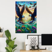 川で魚を捕る2羽のはげた鮮やかワシ ポスター (ホームオフィス)