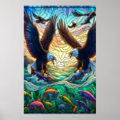 川で魚を捕る2羽のはげた鮮やかワシ ポスター (正面)