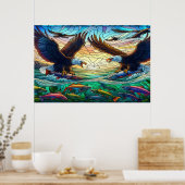 川で魚を捕る2羽のはげた鮮やかワシ ポスター (キッチン)