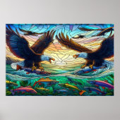 川で魚を捕る2羽のはげた鮮やかワシ ポスター (正面)