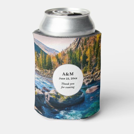 川と山の景勝写真結婚の 缶クーラー (缶裏面)