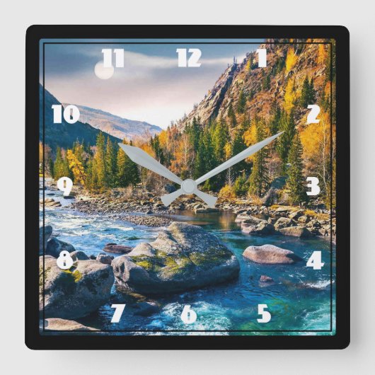 川と山の風光明媚な写真 スクエア壁時計 (正面)