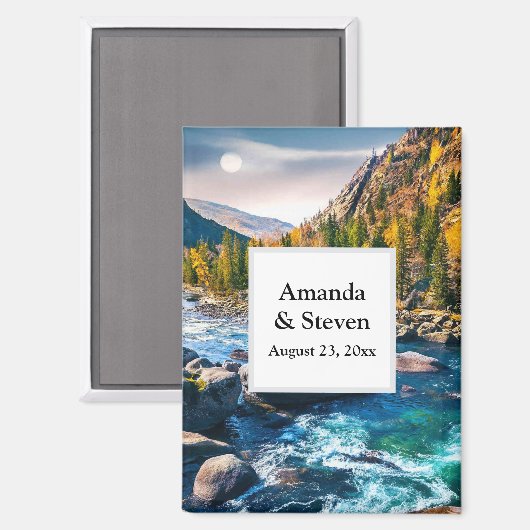 川と山の風光明媚な結婚式の日付を保存 マグネット (正面/裏面)