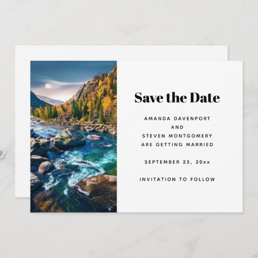 川と山の風景写真のウェディング セーブザデート (正面/裏面)