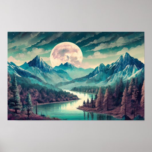 川と月のデジタルアートイラストレーション ポスター (正面)
