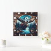 川と木が茂る山水の中をムース スクエア壁時計 (ホーム)