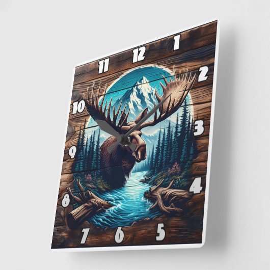 川と木が茂る山水の中をムース スクエア壁時計 (傾斜)