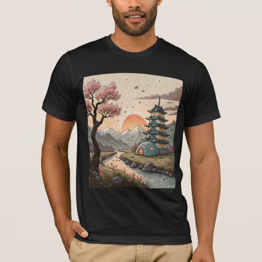 川と桜が織りなす夢のような山の塔の風景 Tシャツ (正面)