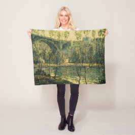 川と橋の風景：春朝 フリースブランケット