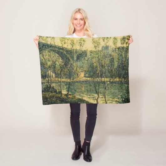 川と橋の風景：春朝 フリースブランケット (インサイチュ)