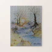 川と風景の水色の夕日 ジグソーパズル (縦)