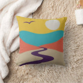 川と鳥を持つミニマルな夕日の風景 クッション (ブランケット)