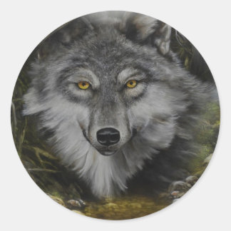 川に溶け込絵画む狼 ラウンドシール