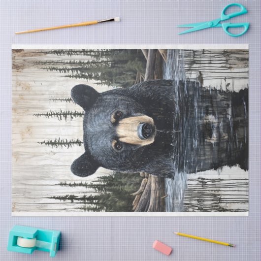 川に黒いクマのポートレート切り離し 薄葉紙 (クラフト)