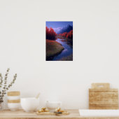 川のそばの赤い木と花 ポスター (キッチン)