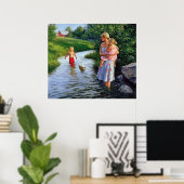 川のアートワークに乗ったボート ポスター (ホームオフィス)