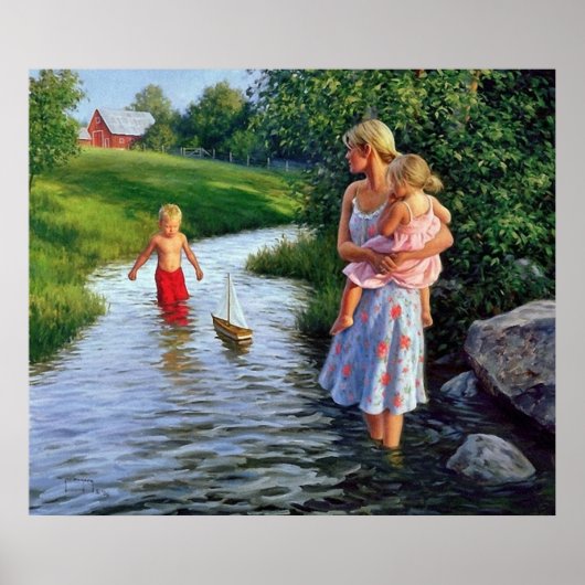 川のアートワークに乗ったボート ポスター (正面)