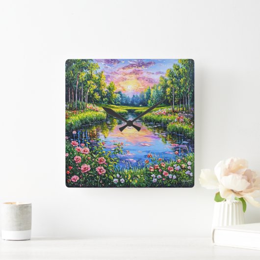 川の上の美しい夕日 スクエア壁時計 (ホーム)