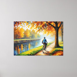 川の小道で自転車に乗る人 キャンバスプリント