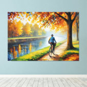 川の小道で自転車に乗る人 キャンバスプリント (インサイチュ (ウッドフロア))