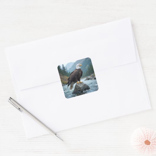 川の岩に生えるハゲのワシ スクエアシール (封筒)