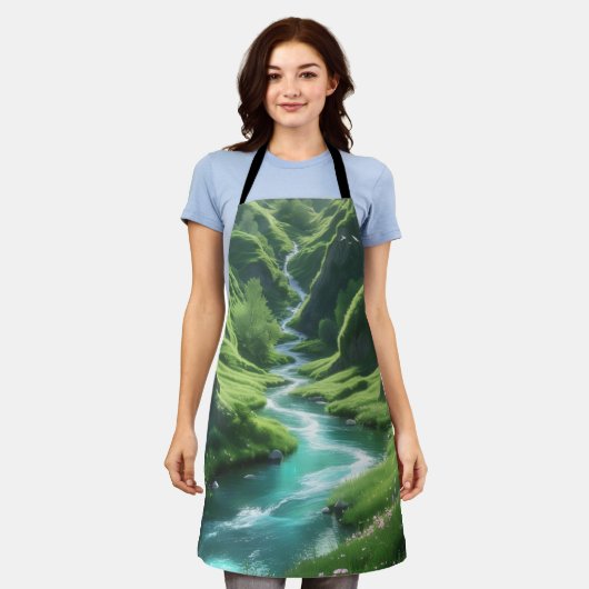 "川の抱擁 – 魅惑のヒルズキッチン エプロン (着用した状態)