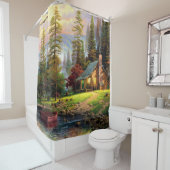 川の海岸の美しい山の木のシャレー シャワーカーテン (インサイチュ)