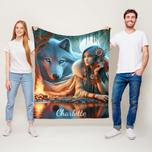 川の穏やかな夜：先住民と狼 フリースブランケット (インサイチュ)