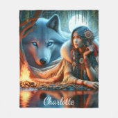 川の穏やかな夜：先住民と狼 フリースブランケット (正面)