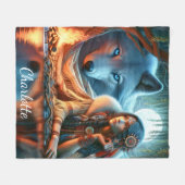 川の穏やかな夜：先住民と狼 フリースブランケット (正面(横))