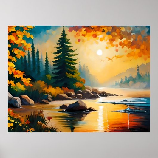 川の絵画岩松の森の秋の午後 ポスター (正面)