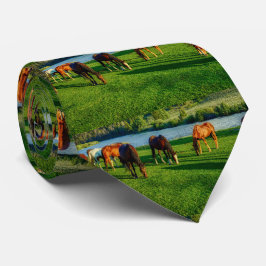 川の近くで放牧する馬 ネクタイ