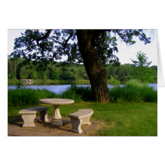 川の近くのピクニック用のテーブルの夏の昼食会議