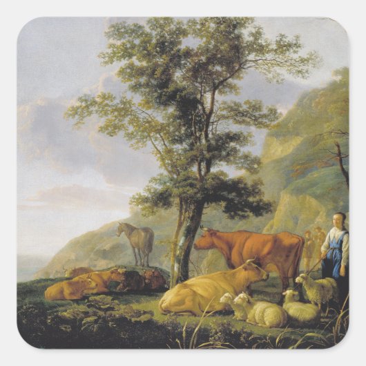 川の近くの牛Aelbert Cuyp スクエアシール (正面)